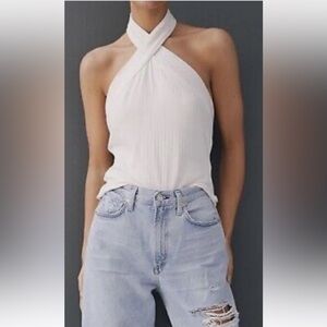 NWT Anthropologie Cross-Neck Halter Tank Top White Size XL Stretch Sexy Vacation